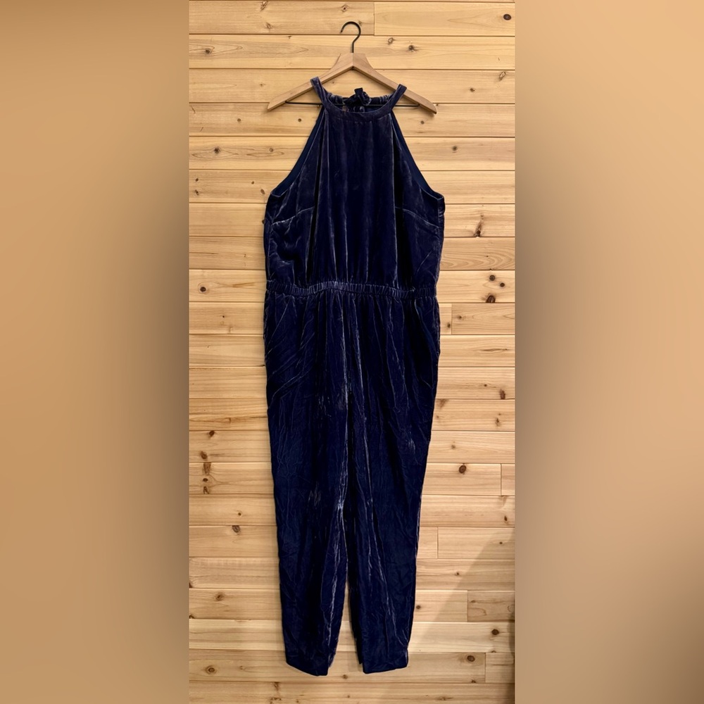 Loft XL Indigo Crushed Velvet Halter Relaxed Jumpsuit Pockets Fall Velour Party